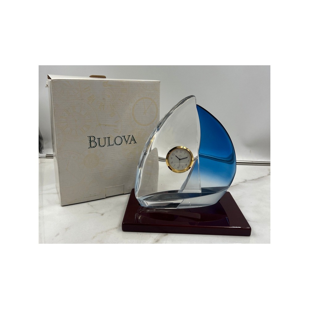 Bulova Regatta Crystal Sailboat Desk Clock Blue Mahogany Base Box HOYA